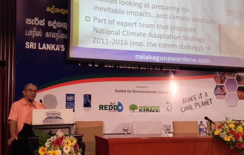 Nalaka Gunawardene speaks at national conference on Sri Lanka's readiness for implementing the Paris Agreement. BMICH Colombo, 8 September 2016