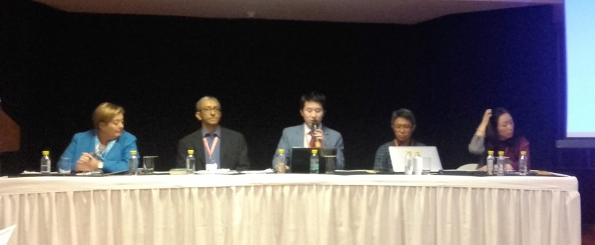 Panel on Media innovation at East-West Center Media Conference, Delhi, 11 Sep 2016: L to R - Philippa McDonald, Nalaka Gunawardene, LEE Doo Won, Fernando (Jun) SEPE, Jr. and ZHONG Xin