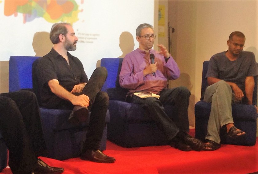 L to R - Kianoush Ramezani, Nalaka Gunawardene, Gihan de Chickera at Night of Ideas in Colombo, 26 January 2017