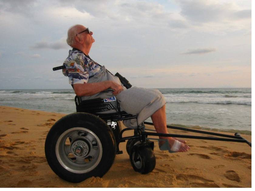 Sir Arthur Clarke on dune roller at Hikkaduwa beach [Photo by Rohan de Silva]